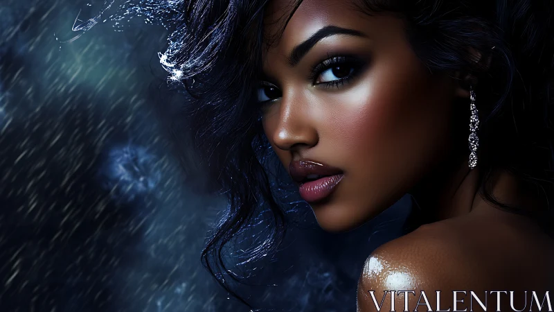 Digital portrait of woman in rain with reflective lighting.