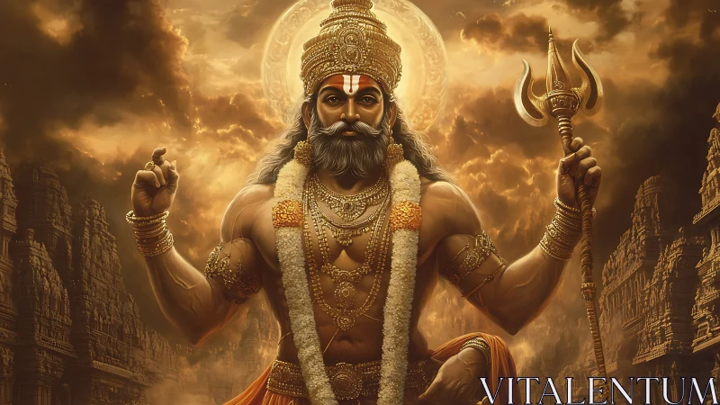 Divine warrior deity stands amid glowing ancient temples.