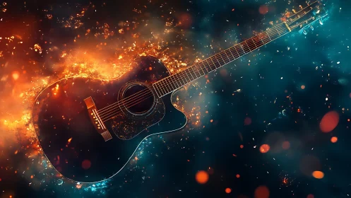 Fiery acoustic guitar floats boldly in glowing cosmic sparks