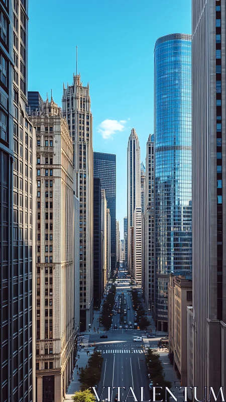 Sunlit downtown avenue cuts through tall glass and stone towers