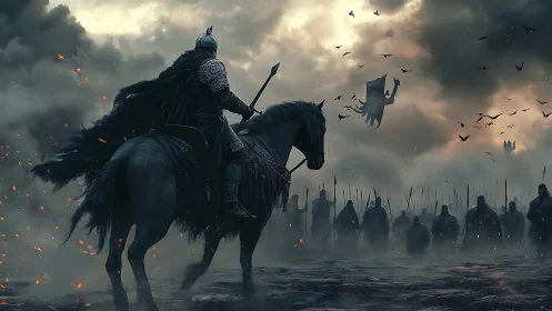 Armored warlord on horseback leads legion through burning fog.