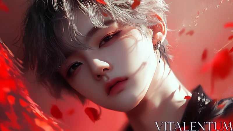 Androgynous face lit by soft red light and drifting petals