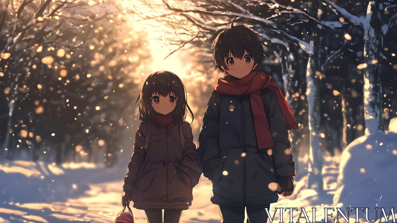 Winter forest walk with siblings in golden evening light.