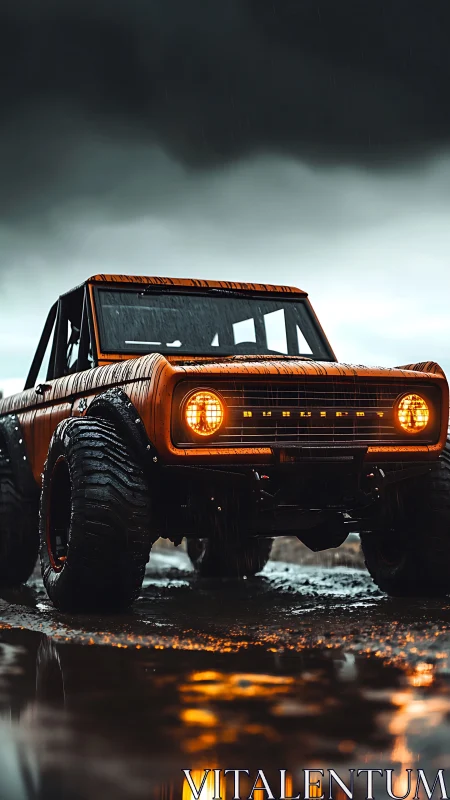 Bold orange off road truck glowing against stormy skies.