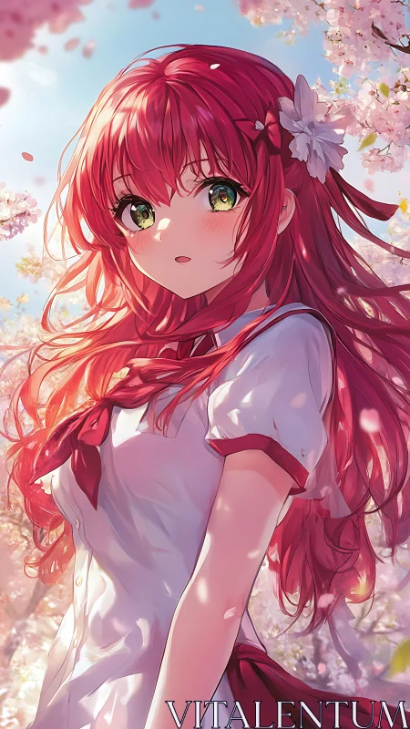 Red haired schoolgirl under luminous cherry blossoms