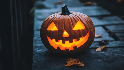 Glowing jack o lantern on dark wooden outdoor path.