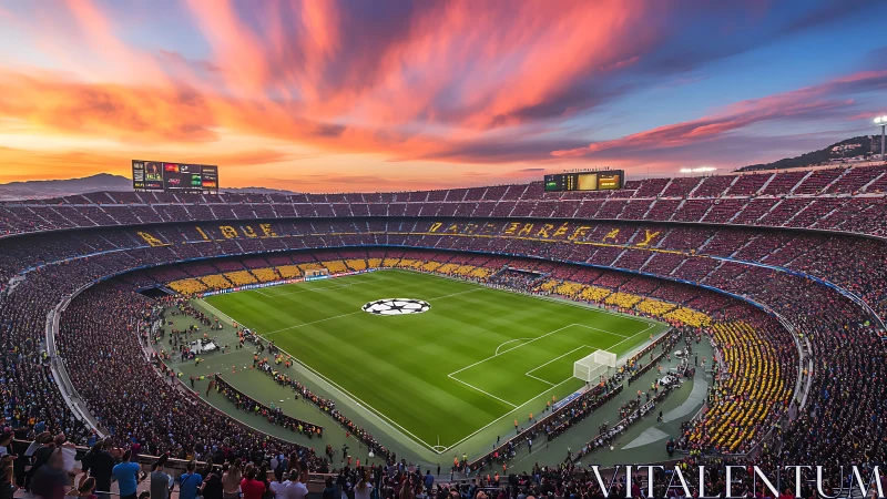 Packed football stadium under vivid orange sunset sky.
