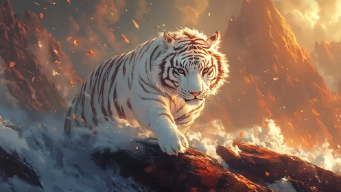 White tiger strides through fiery mountains and mist.