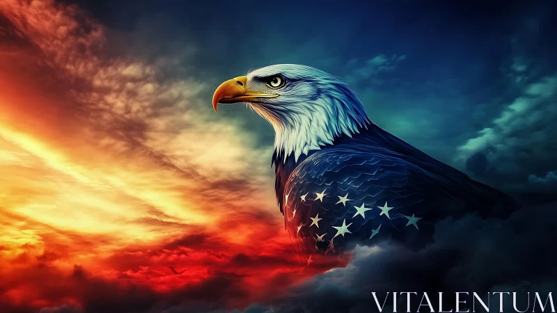 Majestic Bald Eagle with American Flag Elements in Dramatic Sky.