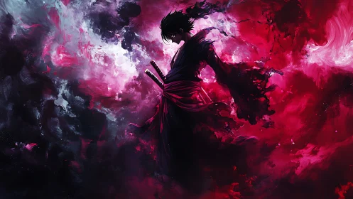 Samurai silhouette within swirling crimson nebula clouds.