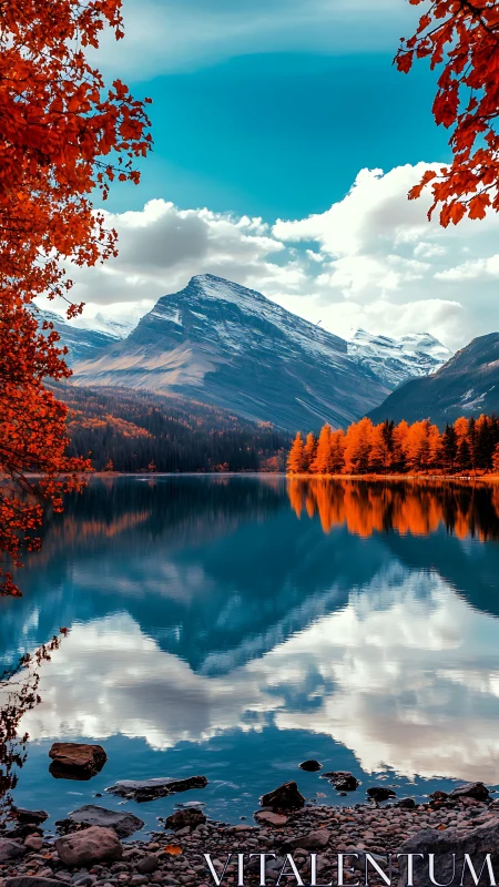 Vibrant alpine lake reflection with teal sky and ember foliage.