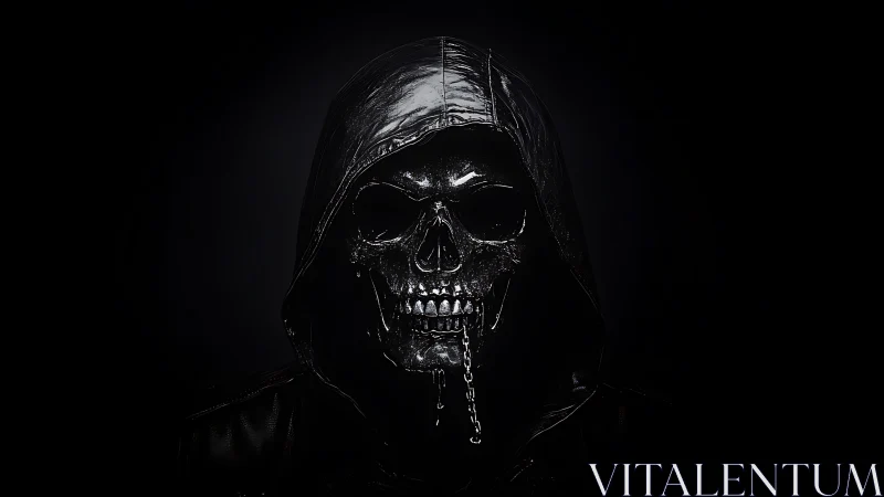 Hooded metallic skull figure centered on black background.