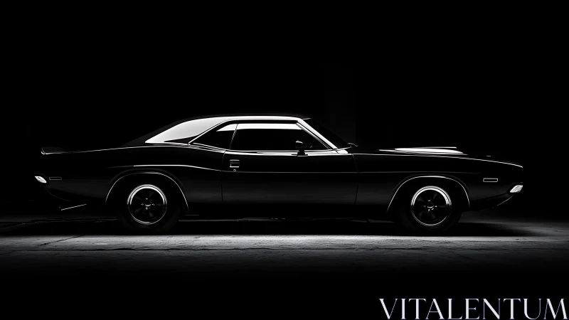 Sleek black muscle car emerges from dramatic studio shadows