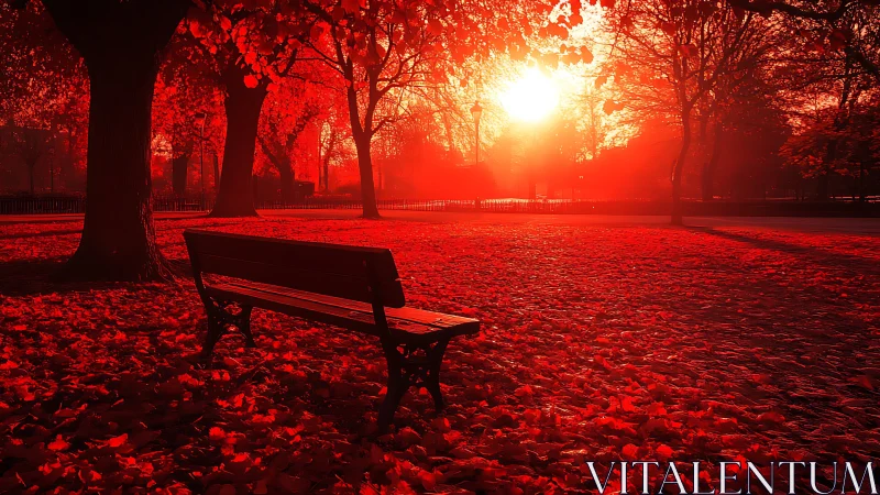 Park bench under trees in intense red sunset lighting.
