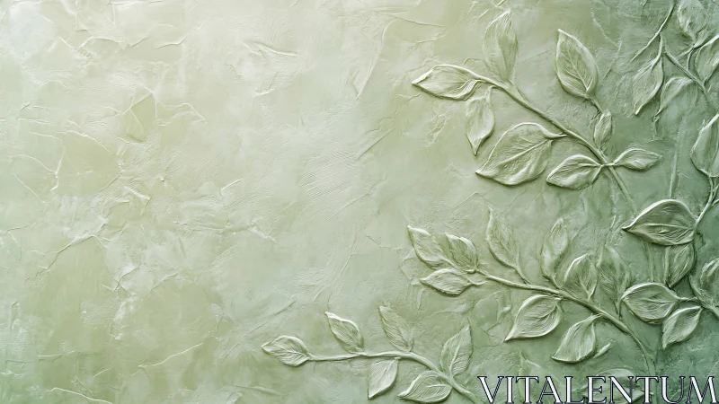 Green plaster wall relief with decorative leaf branches.