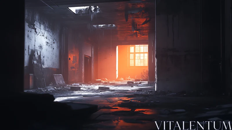 Smoldering light in derelict industrial corridor at dusk.