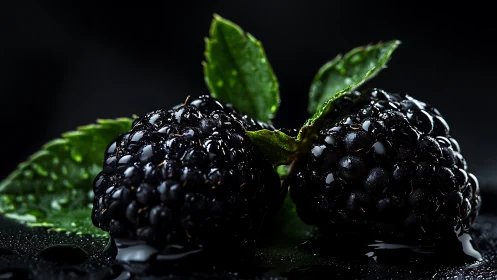 High-contrast macro study of wet blackberries with specular highlights