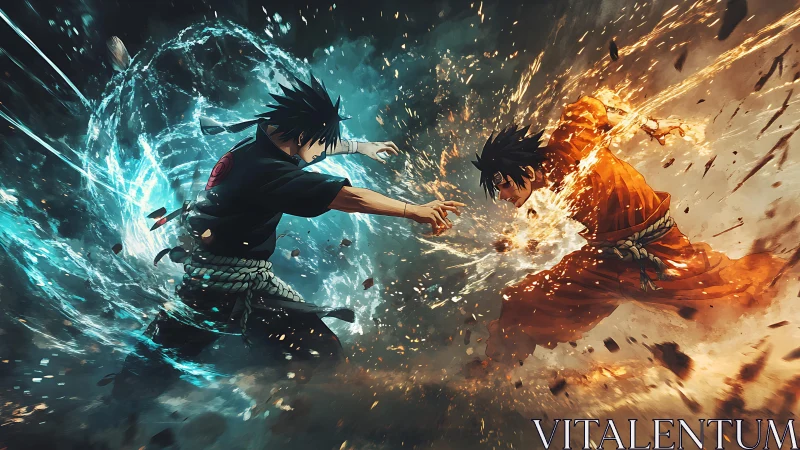 Dynamic anime duel with elemental energy clash composition.