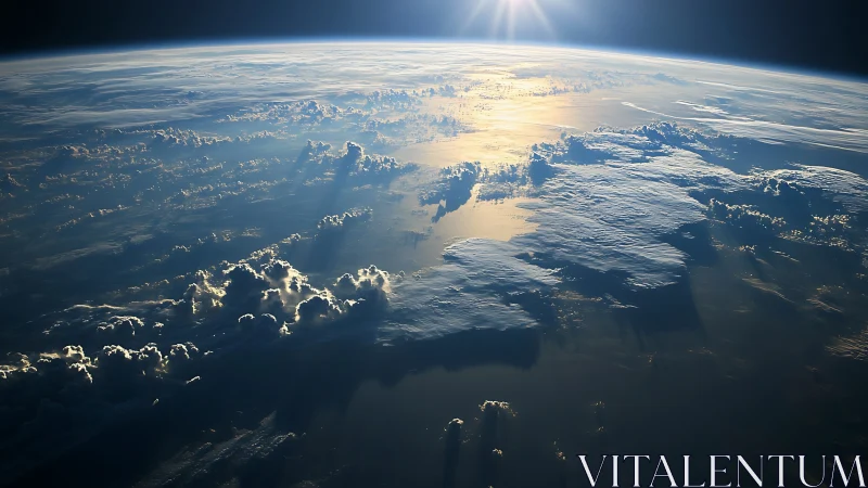Sunlit upper atmosphere and cloud formations above Earth