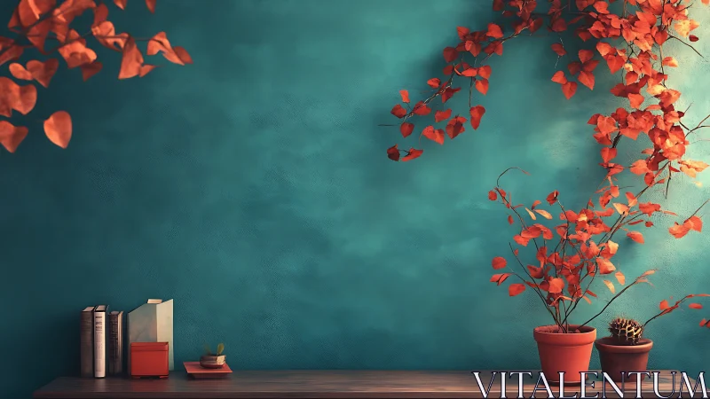 Teal textured wall frames orange potted foliage in balanced still life