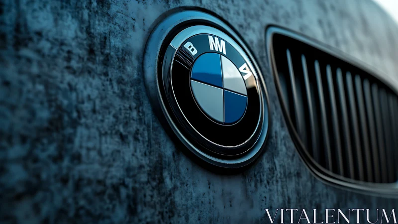 Close-up automotive emblem on textured blue grille surface.