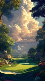 Sunlit mountain golf fairway beneath towering clouds.