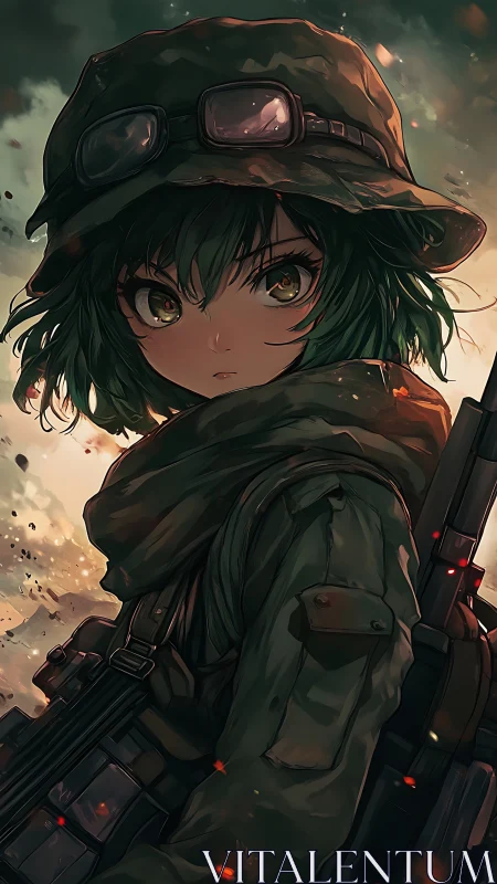 Green-eyed battlefield scout wrapped in emberlit resolve.