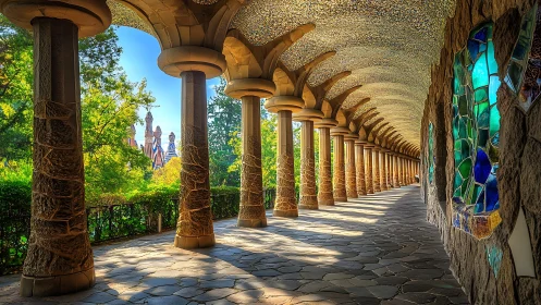 Sunlit stone colonnade with mosaic glass in lush garden.