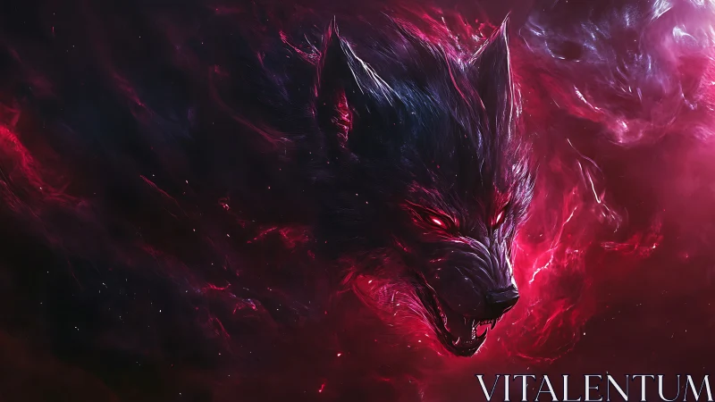 Crimson nebula wolf erupts from starlit void in a snarl