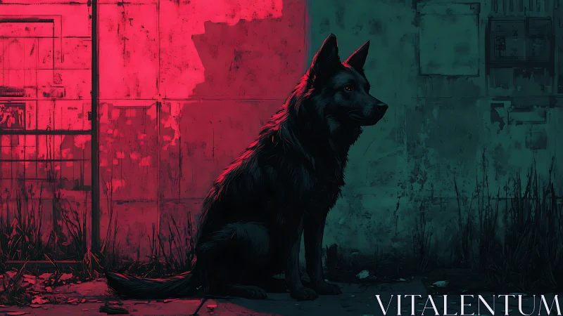 Lone neon sentinel dog split between crimson and teal night.