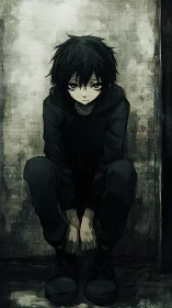 Desaturated anime portrait of crouched youth in decrepit corner.