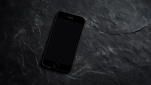 Black smartphone rests on textured dark slate surface.