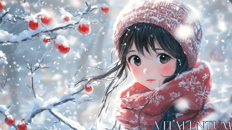 Snowy orchard girl with red scarf and winter berries.