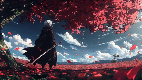 Swordsman stands under dense red tree facing distant mountains