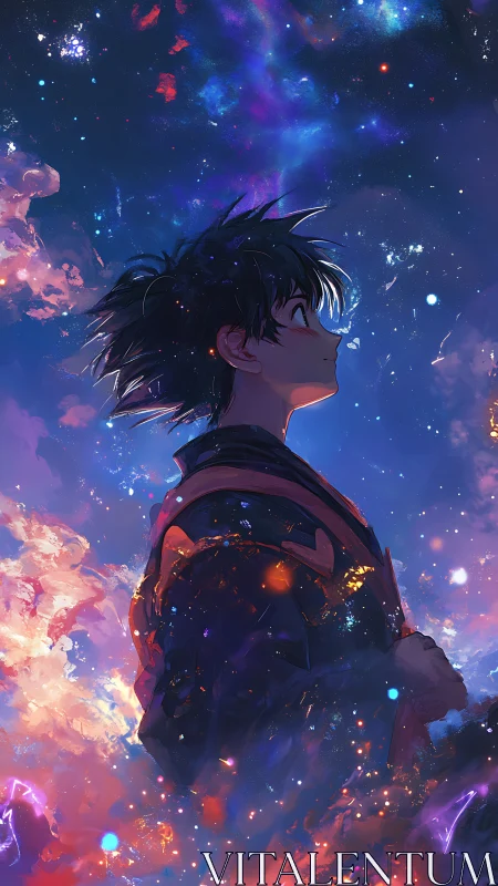 Stargazing dreamer wrapped in glowing cosmic colors.