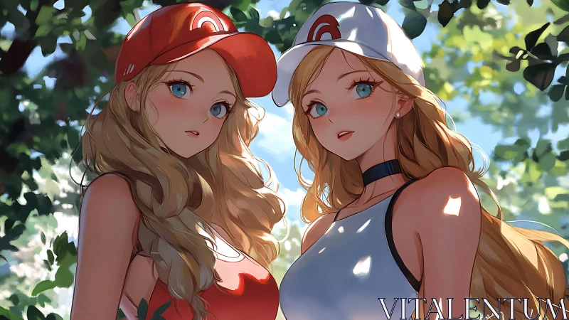 Sunlit twin friends sharing a bright summer afternoon together.