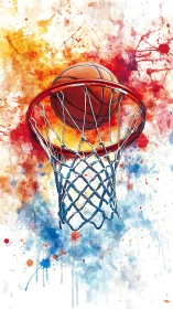 Color-splashed basketball arcs through a vibrant painted hoop