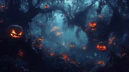 Jack-o&rsquo;-lantern spirits haunting a misty twilight forest.