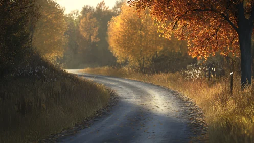 Curved asphalt lane through sunlit deciduous autumn canopy.