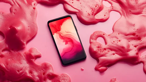 Smartphone on glossy pink liquid surface in studio.