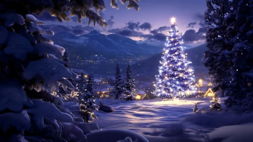 Snowy hillside Christmas tree glowing above alpine village.