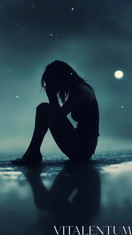 Silhouetted figure seated alone by reflective water surface.