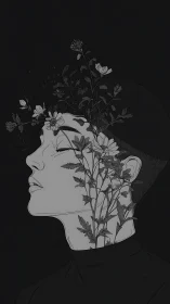 Profile portrait with floral growth emerging from head.