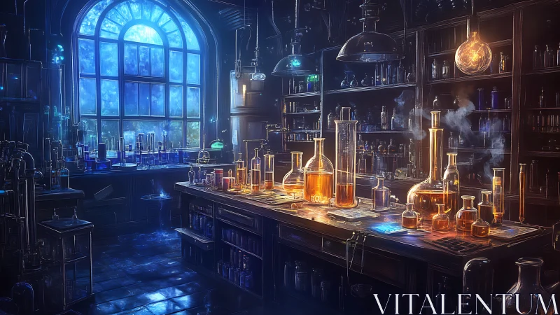 Arcane alchemy lab glowing with ethereal glassware and light.