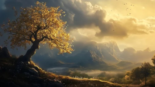 Golden tree glows above misty mountains at sunset.