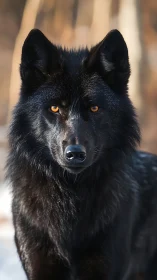 Black wolf portrait with amber eyes in shallow depth field