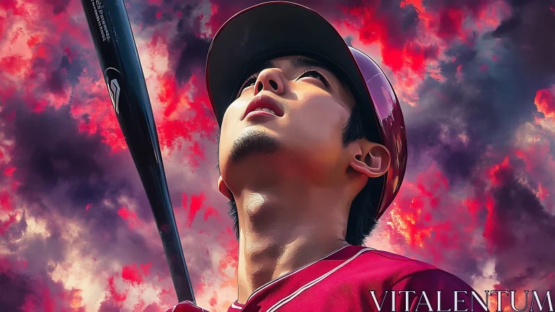 Digital painting portrait of baseball player under dramatic sky.