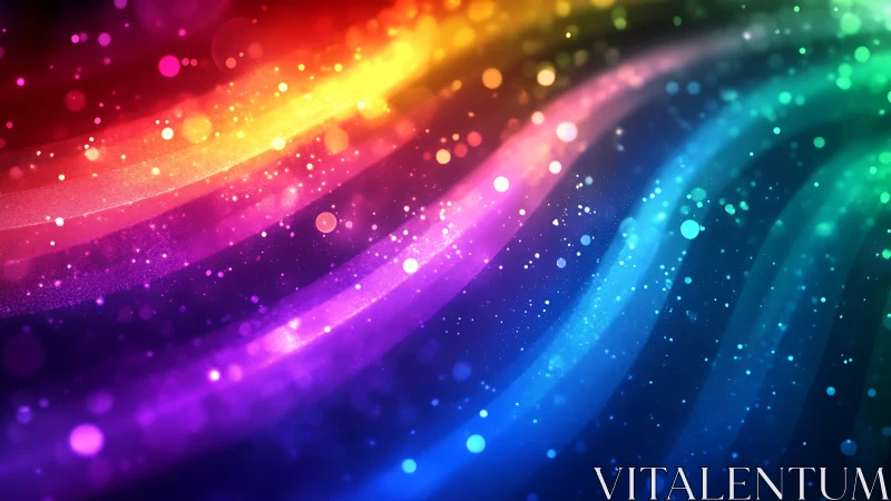 Vibrant curved rainbow light trails with glowing particles