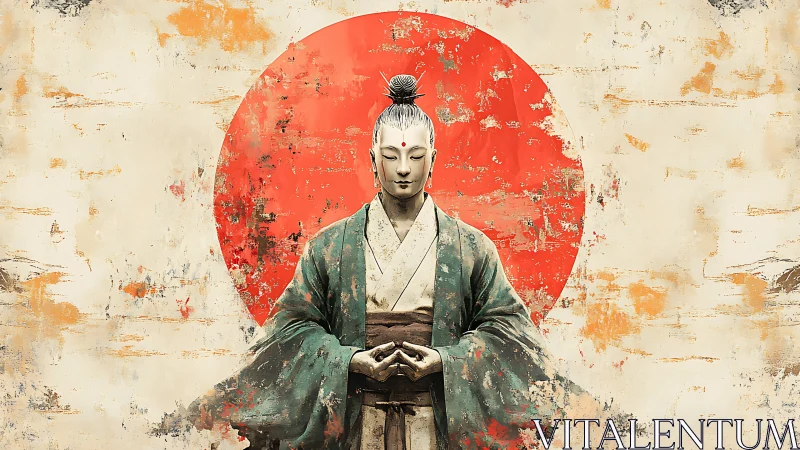 Meditative samurai stands before weathered red sun circle.