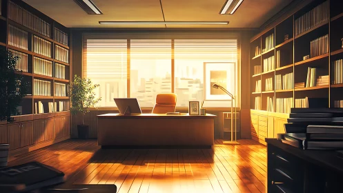 Golden afternoon light fills a calm, book-lined office sanctuary